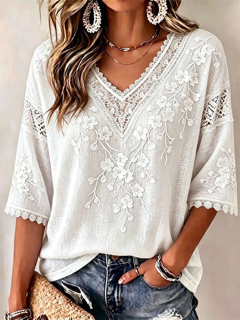 Women's White Floral Lace Splicing V Neck 3/4 Sleeve Blouse