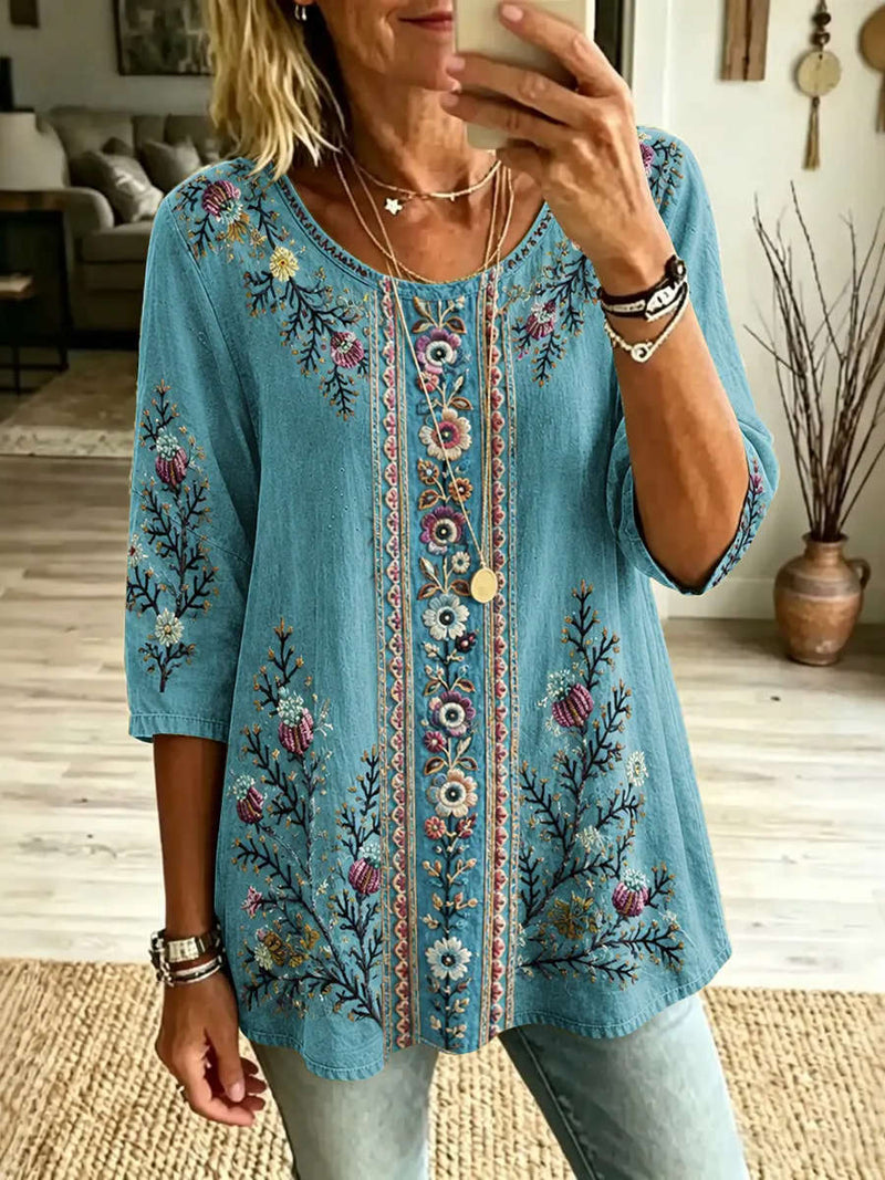 Women's Blue Floral Branch Print Round Neck 3/4 Sleeve Blouse