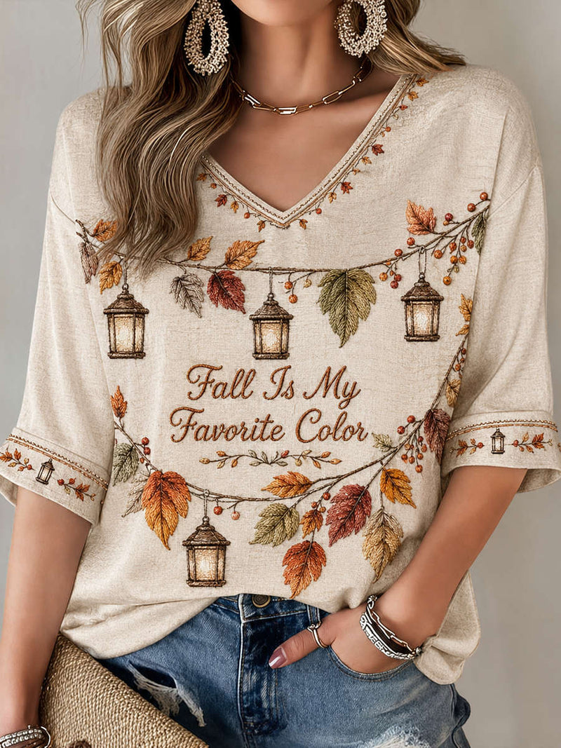 Women's Beige Fall Leaf Lantern Letter Print V Neck 3/4 Sleeve Blouse