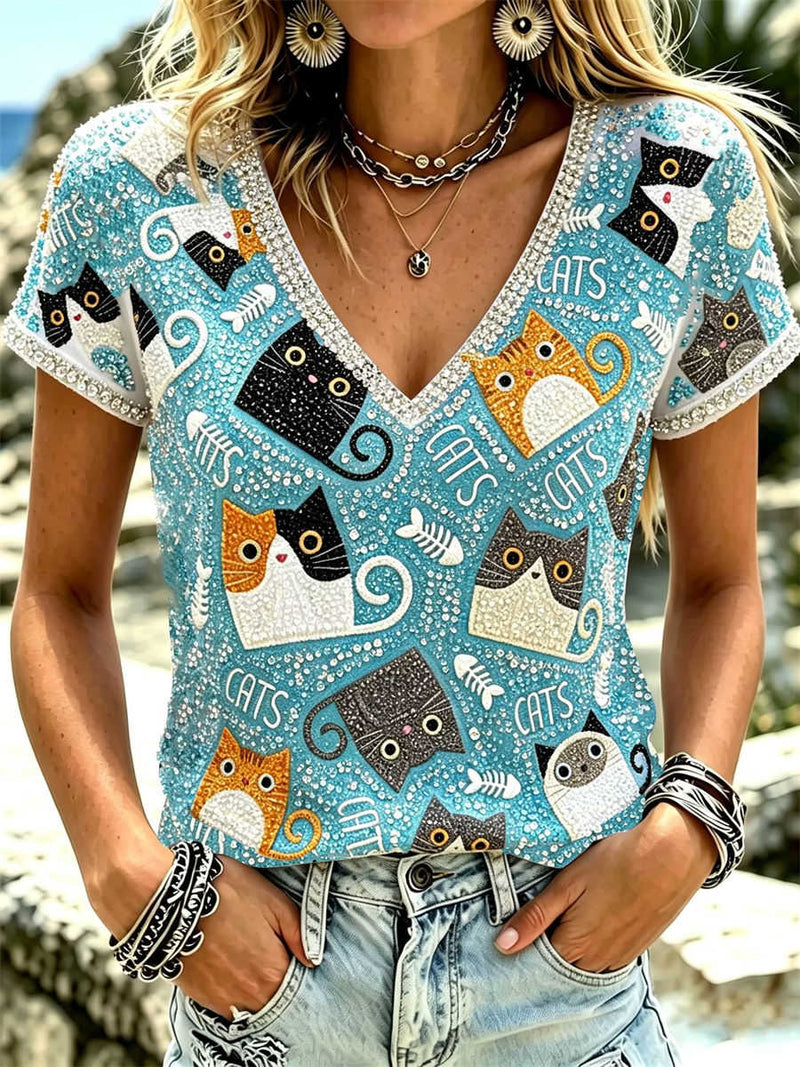 Women's Blue Cartoon Cat Fishbone Print Rhinestone V Neck Short Sleeve Tee