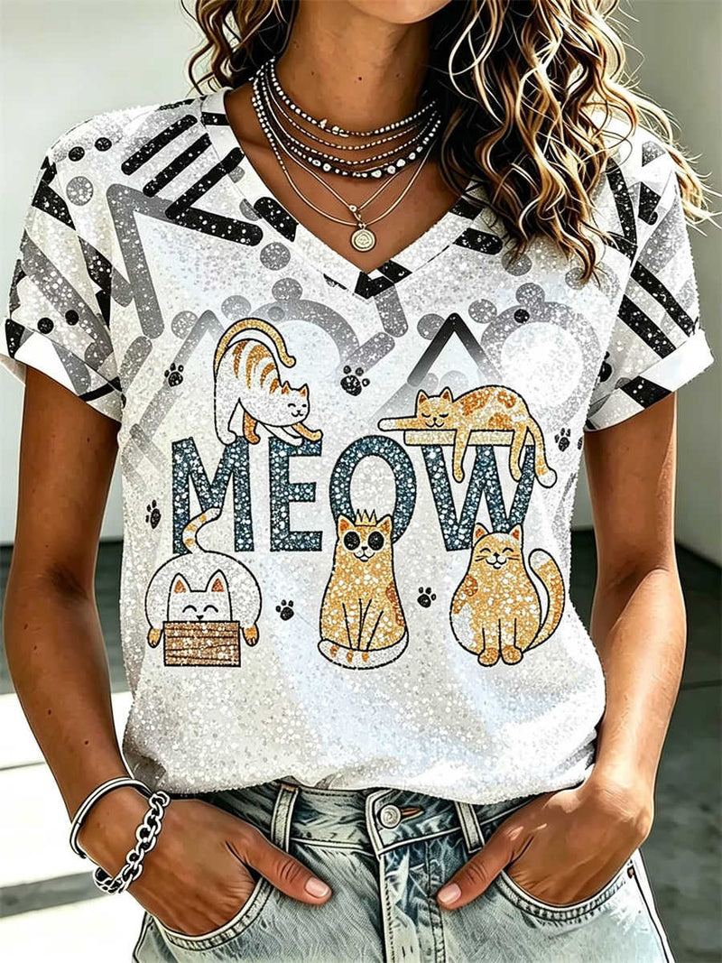 Women's White Cartoon Cat Letter Print V Neck Short Sleeve Tee