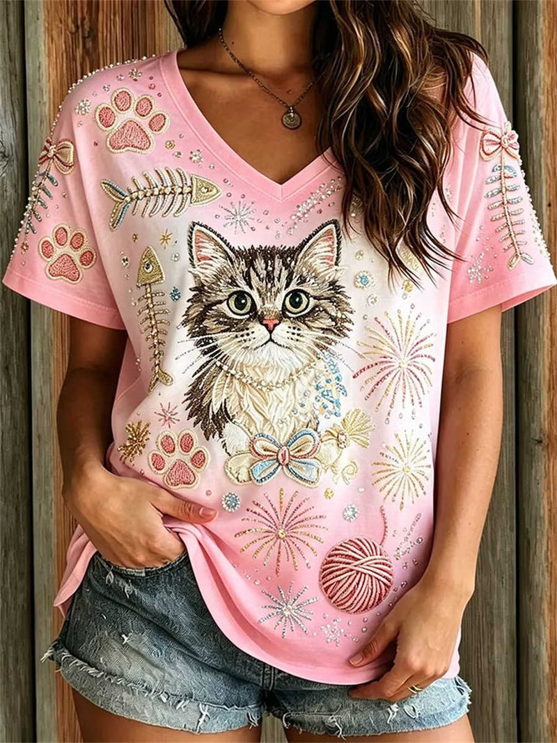 Women's Pink Gradient Cat Embroidery Rhinestone V Neck Short Sleeve Tee