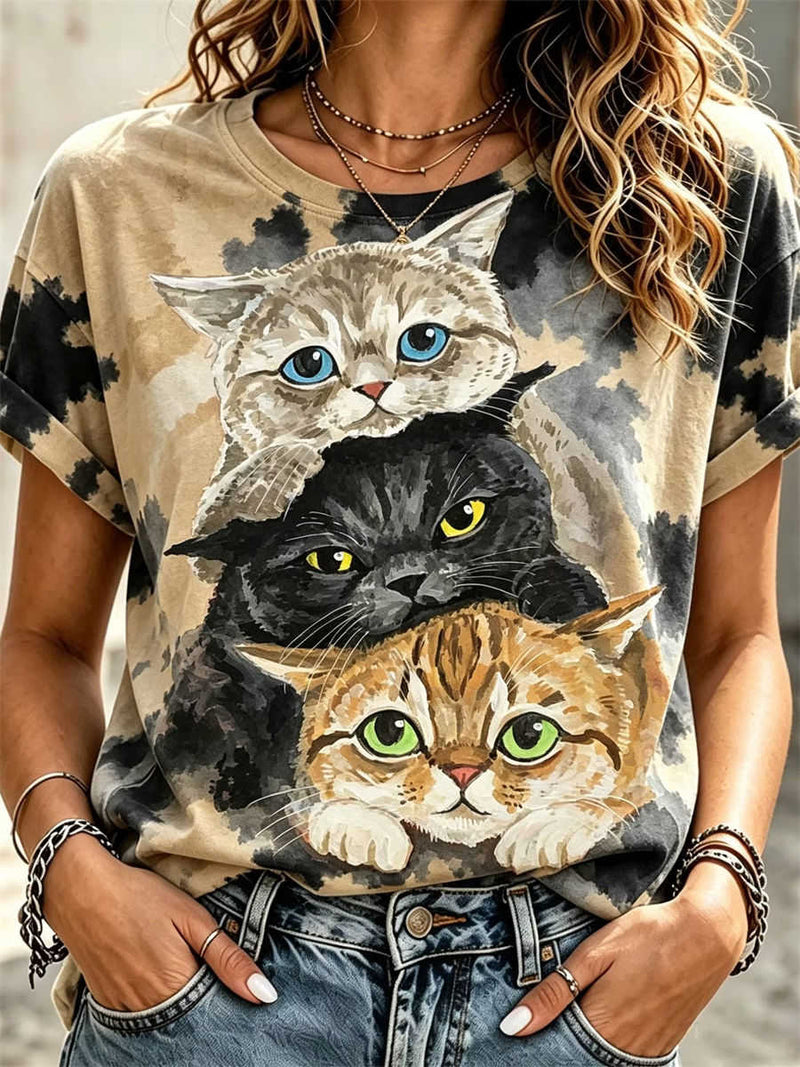 Women's Khaki Black Stacked Three Cats Print Round Neck Short Sleeve Tee