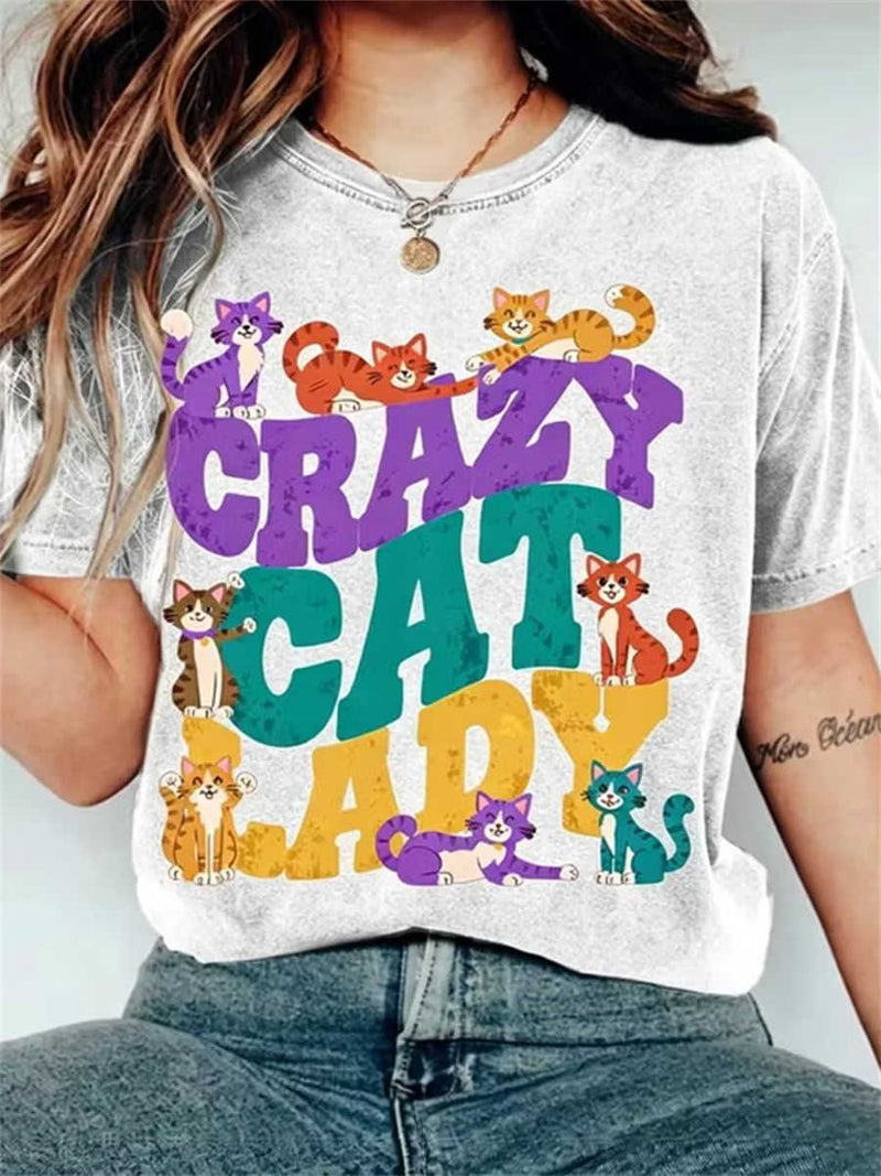 Women's Heather Cartoon Cat Letter Print Round Neck Short Sleeve Tee