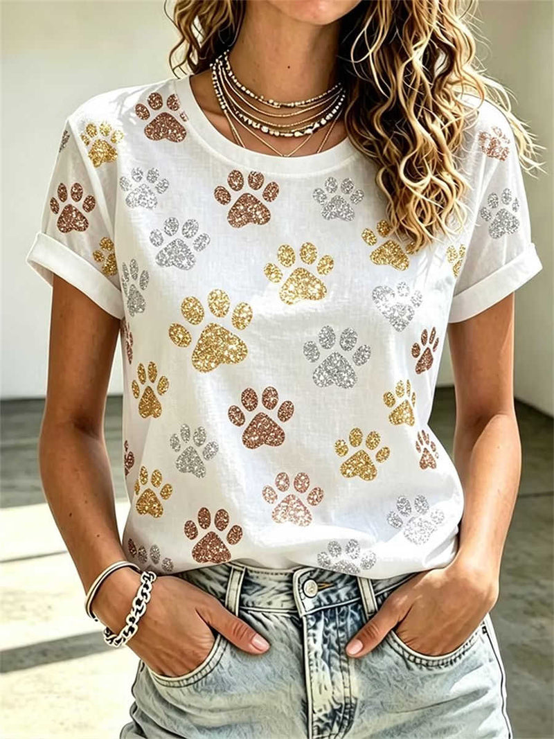 Women's White Glitter Paw Print Round Neck Short Sleeve Tee