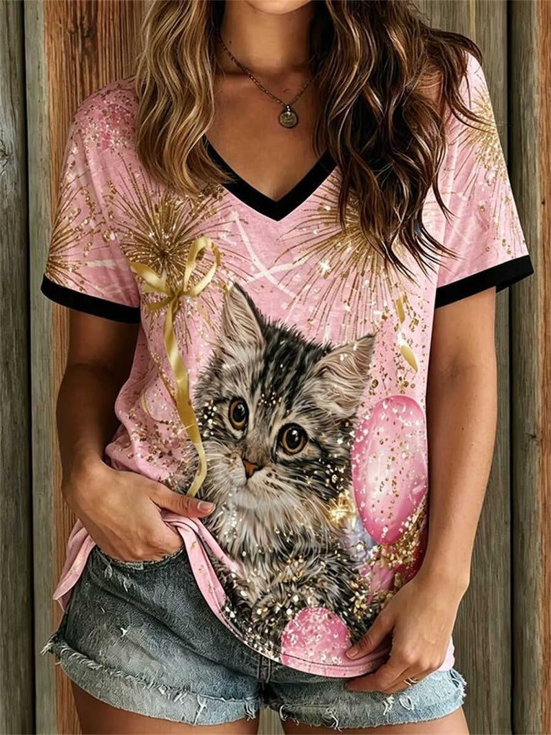 Women's Pink Glitter Firework Cat Print V Neck Short Sleeve Tee