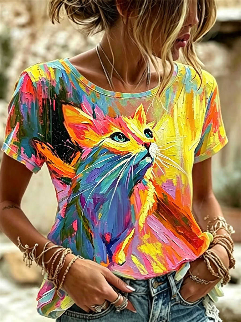 Women's Colorful Impasto Oil Painting Cat Print Round Neck Short Sleeve Tee