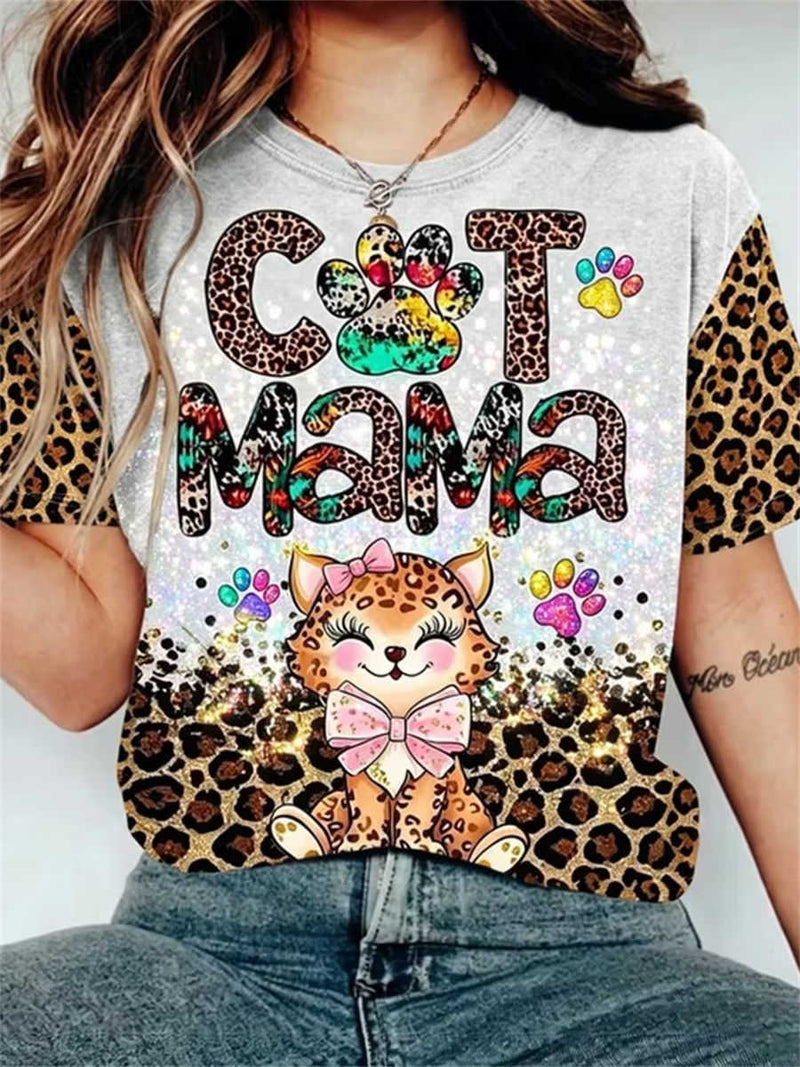 Women's Grey Leopard Cat Letter Print Round Neck Short Sleeve Tee