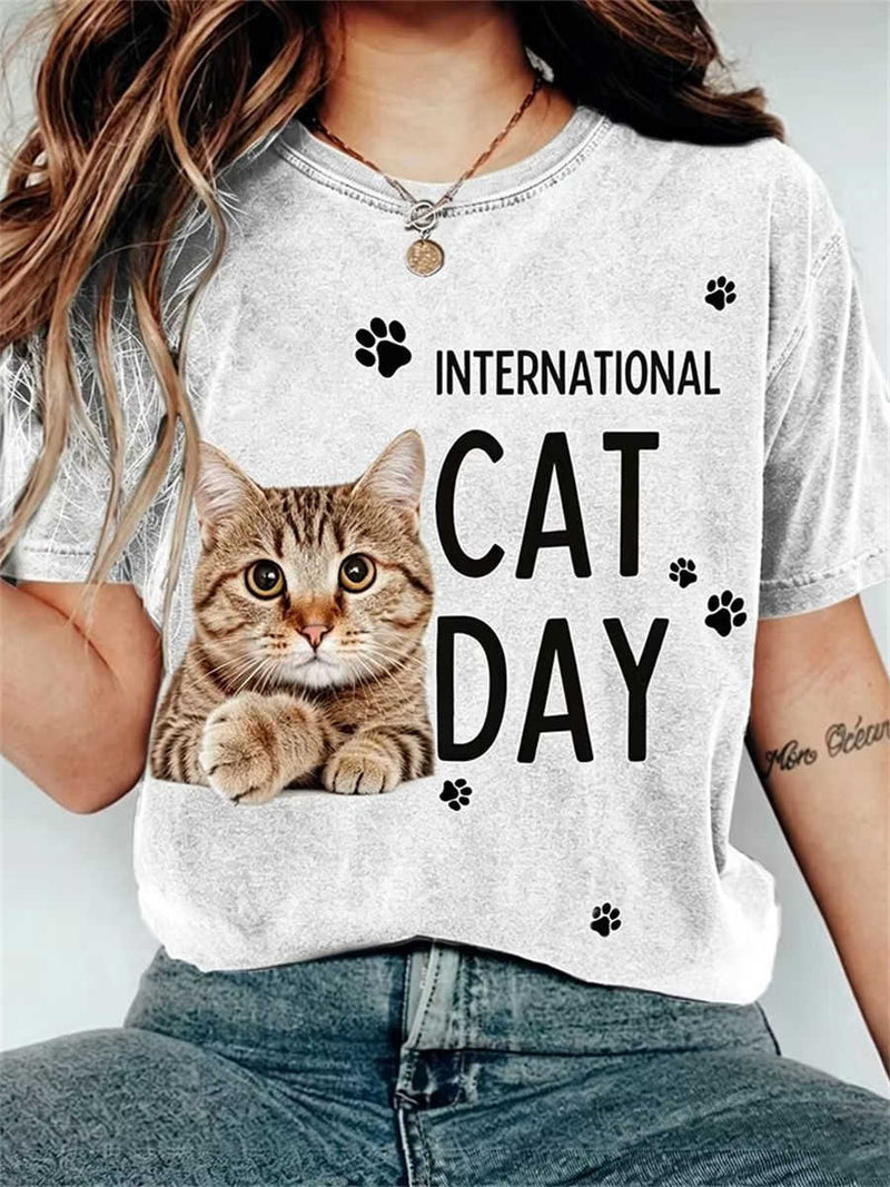 Women's Grey Cat Day Cat Letter Print Round Neck Short Sleeve Tee