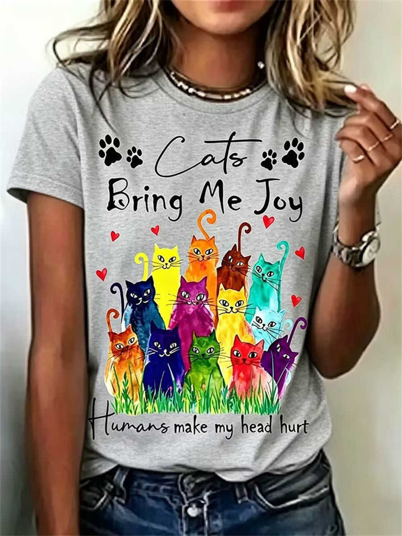 Women's Grey Colorful Cats Letter Print Round Neck Short Sleeve Tee
