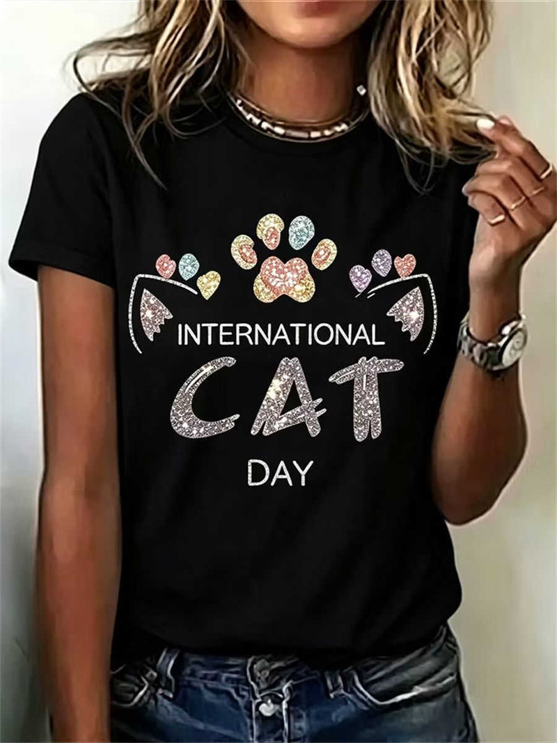 Women's Black Cat Day Paw Ear Letter Print Round Neck Short Sleeve Tee