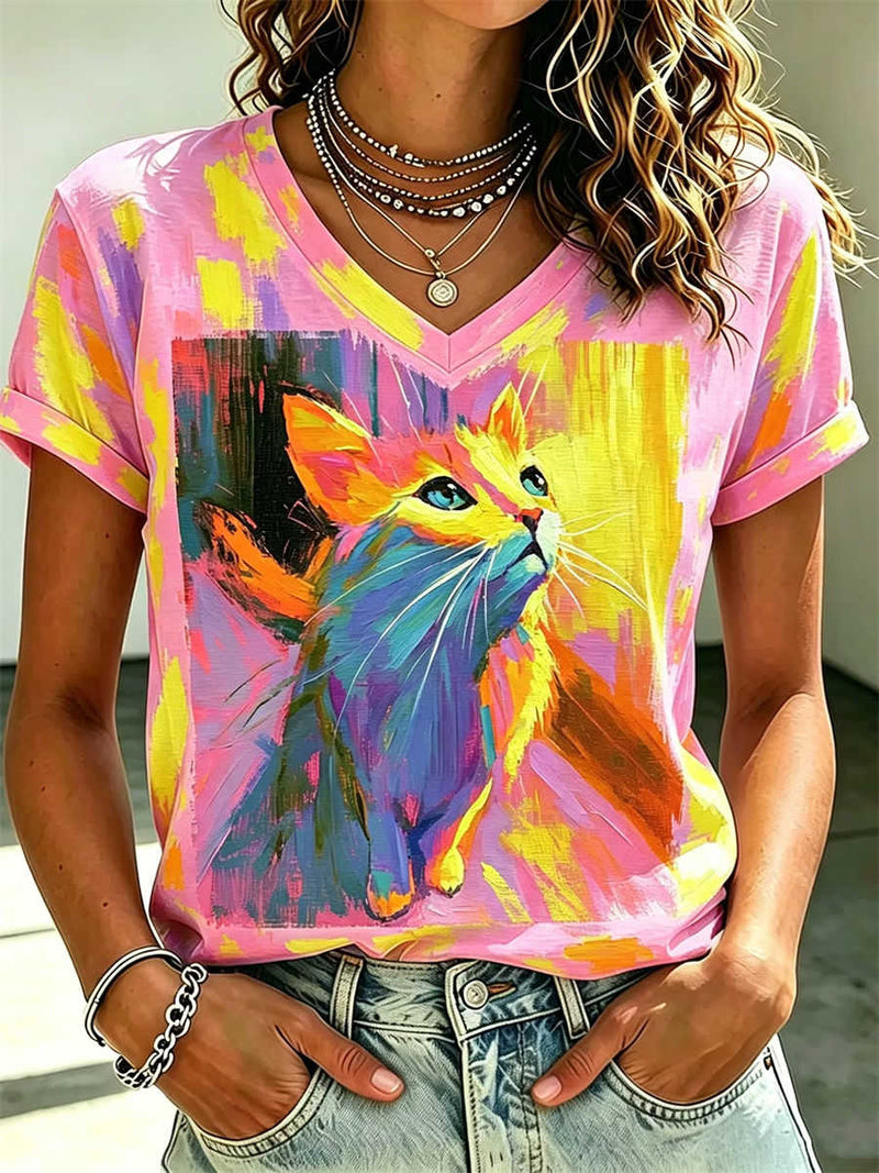 Women's Pink Colorful Painting Cat Print V Neck Short Sleeve Tee