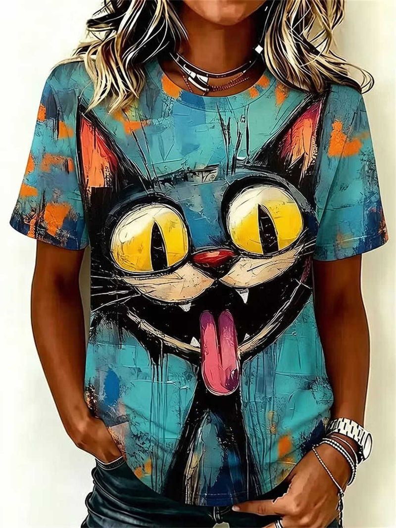 Women's Teal Graffiti Cat Print Round Neck Short Sleeve Tee