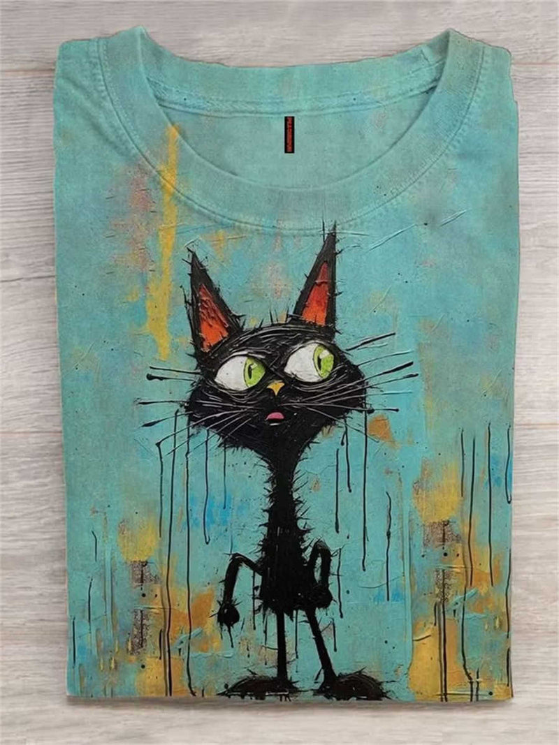 Women's Cyan Drip Black Cat Print Round Neck Short Sleeve Tee