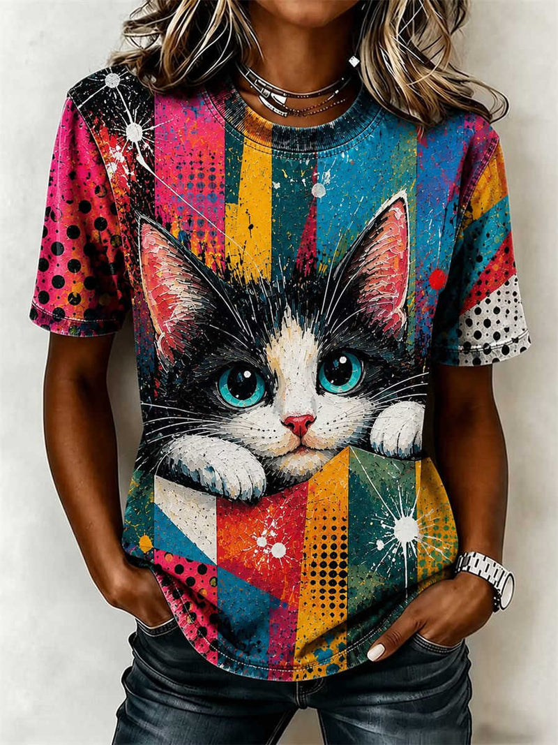 Women's Multi Cat Print Round Neck Short Sleeve Tee