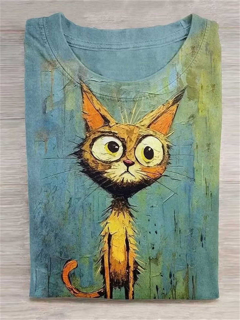 Women's Cyan Cartoon Cat Print Round Neck Short Sleeve Tee
