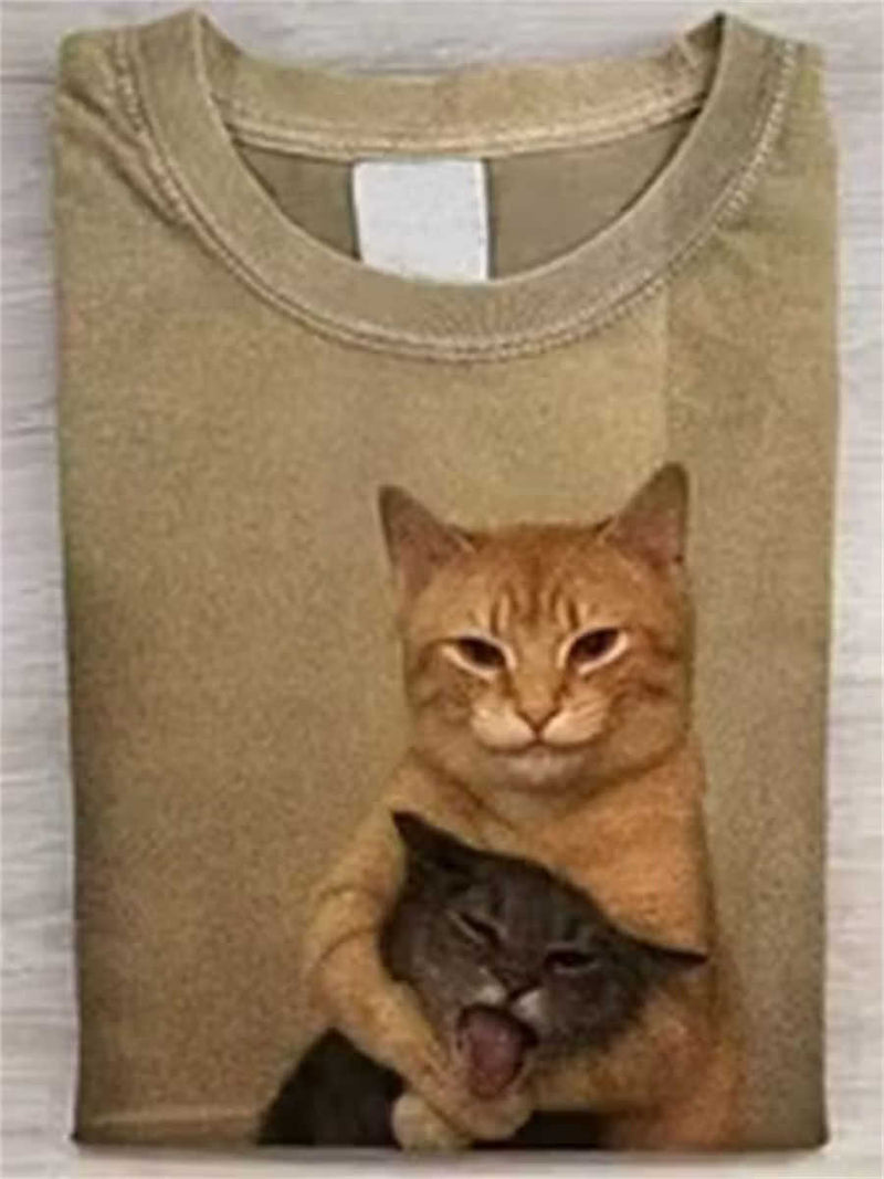 Women's Khaki Funny Cat Print Round Neck Short Sleeve Tee