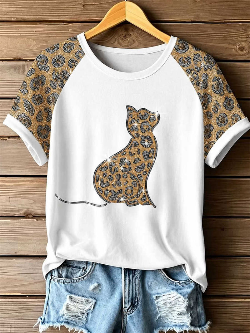 Women's White Leopard Rhinestone Cat Print Round Neck Short Sleeve Tee