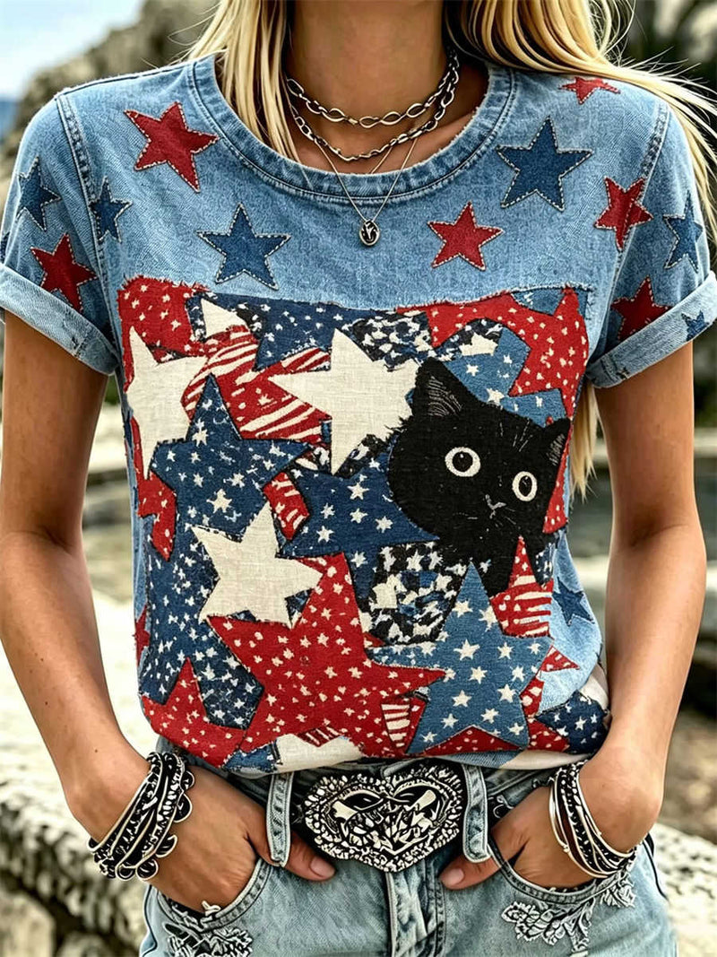 Women's Denim Blue Star Black Cat Print Round Neck Short Sleeve Tee