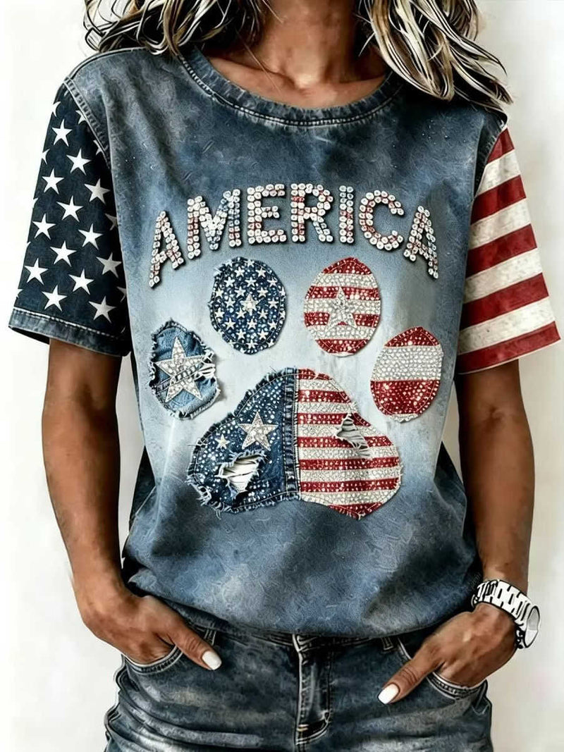 Women's Denim Blue Cat Paw Rhinestone Flag Patchwork Round Neck Short Sleeve Tee