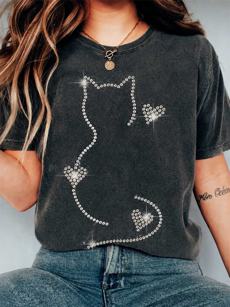 Women's Black Rhinestone Cat Outline Heart Round Neck Short Sleeve Tee