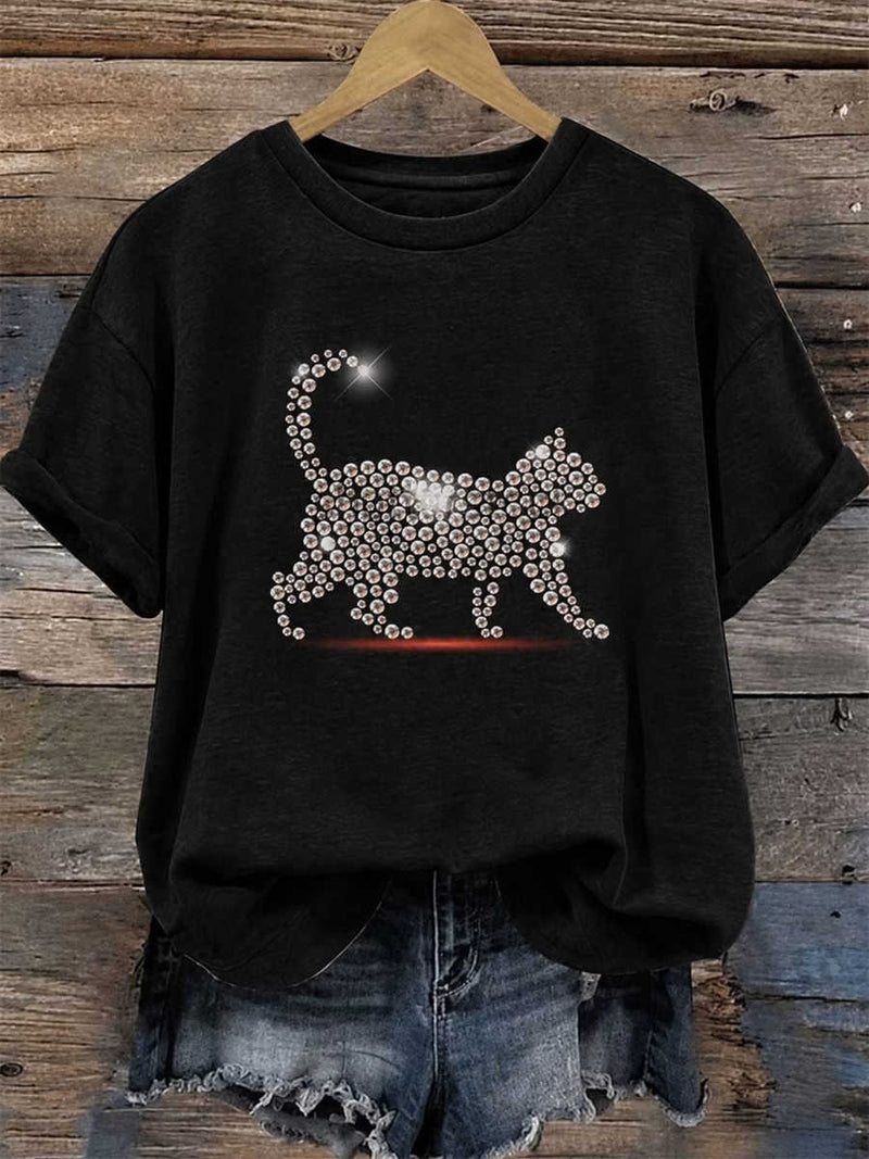 Women's Black Rhinestone Walking Cat Round Neck Short Sleeve Tee