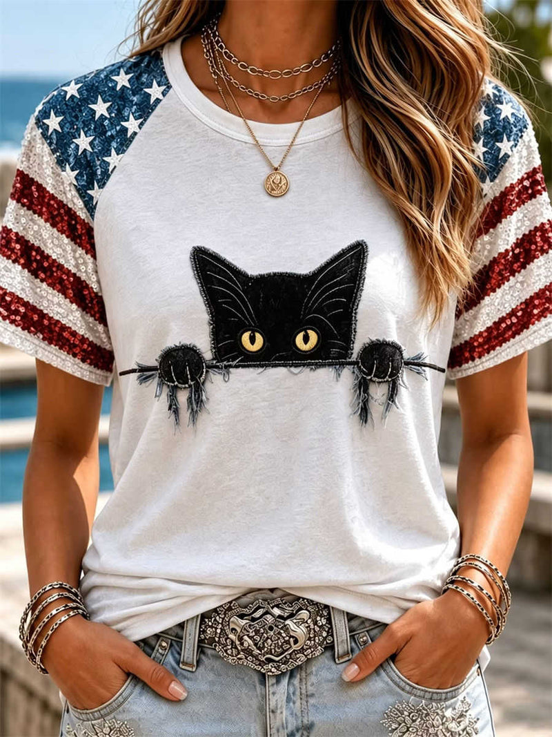 Women's White American Flag Sequin Cat Patch Round Neck Short Sleeve Tee