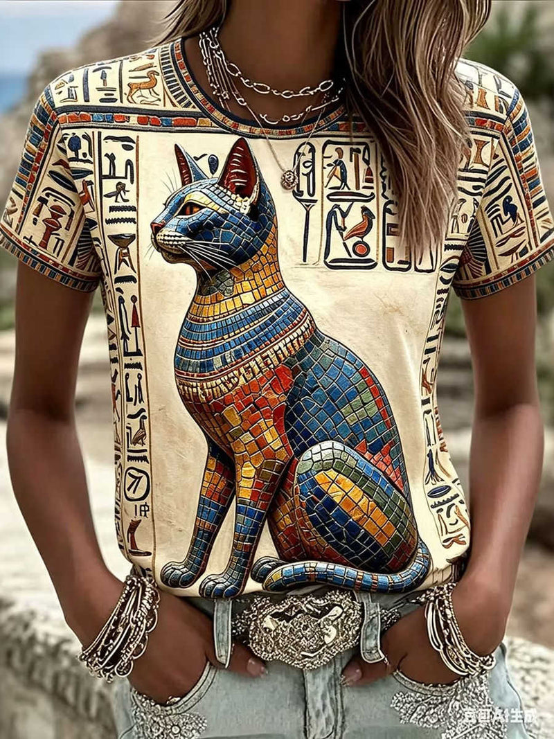 Women's Beige Egyptian Cat Hieroglyph Round Neck Short Sleeve Tee
