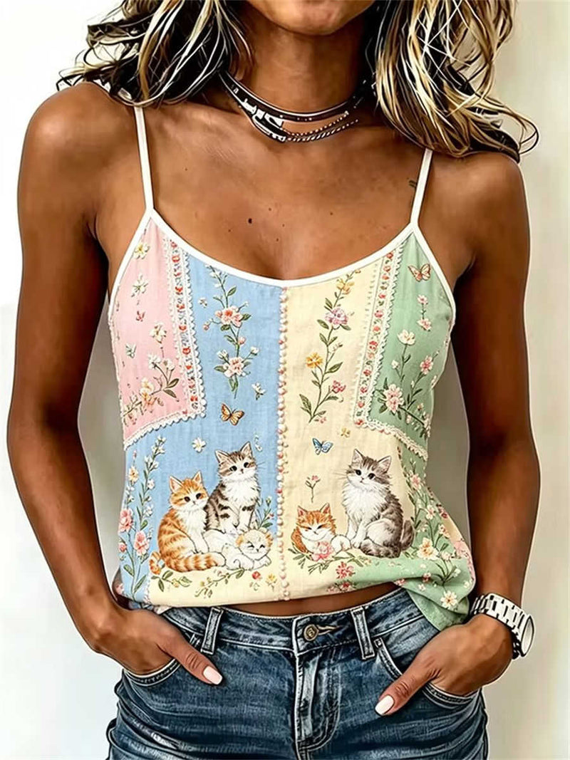 Women's Multi Embroidered Cats Floral Lace Trim Scoop Neck Spaghetti Strap Tank
