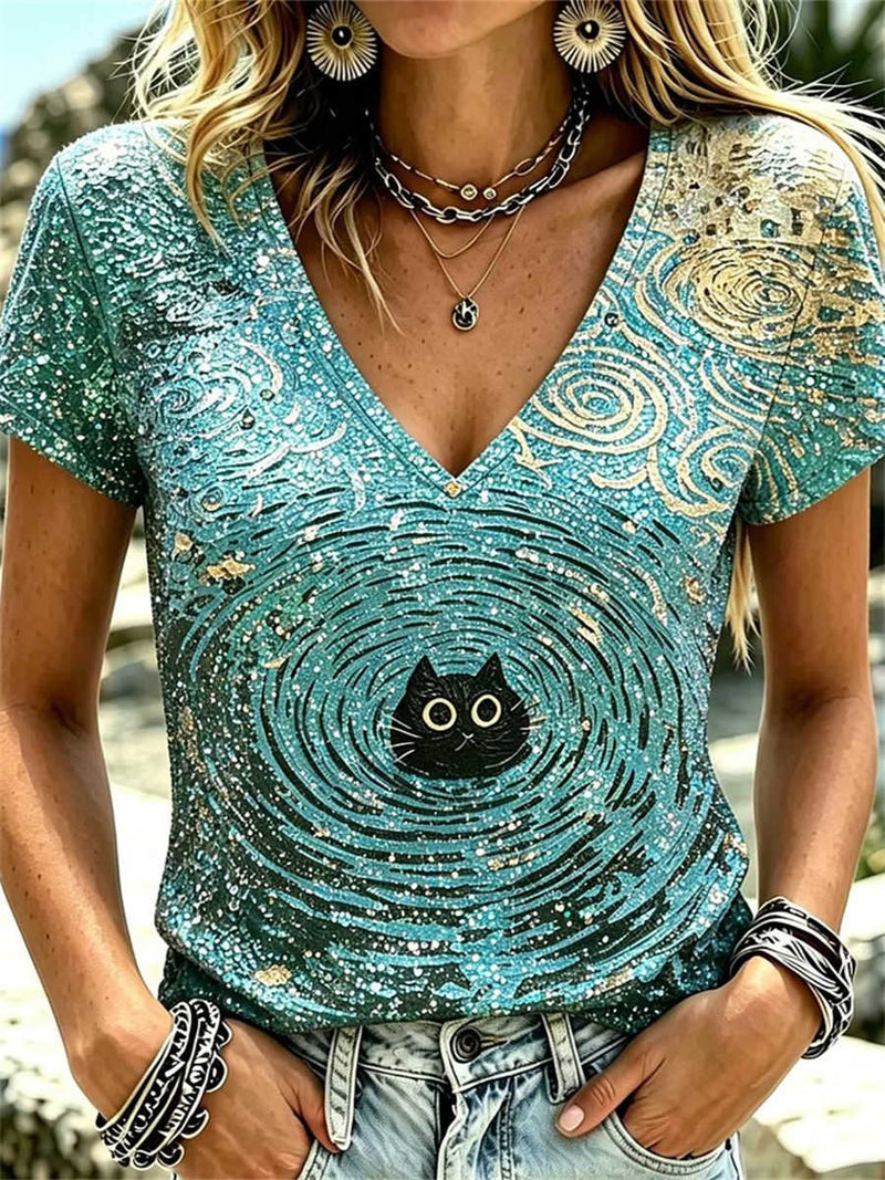 Women's Teal Starry Swirl Black Cat Print V Neck Short Sleeve Tee