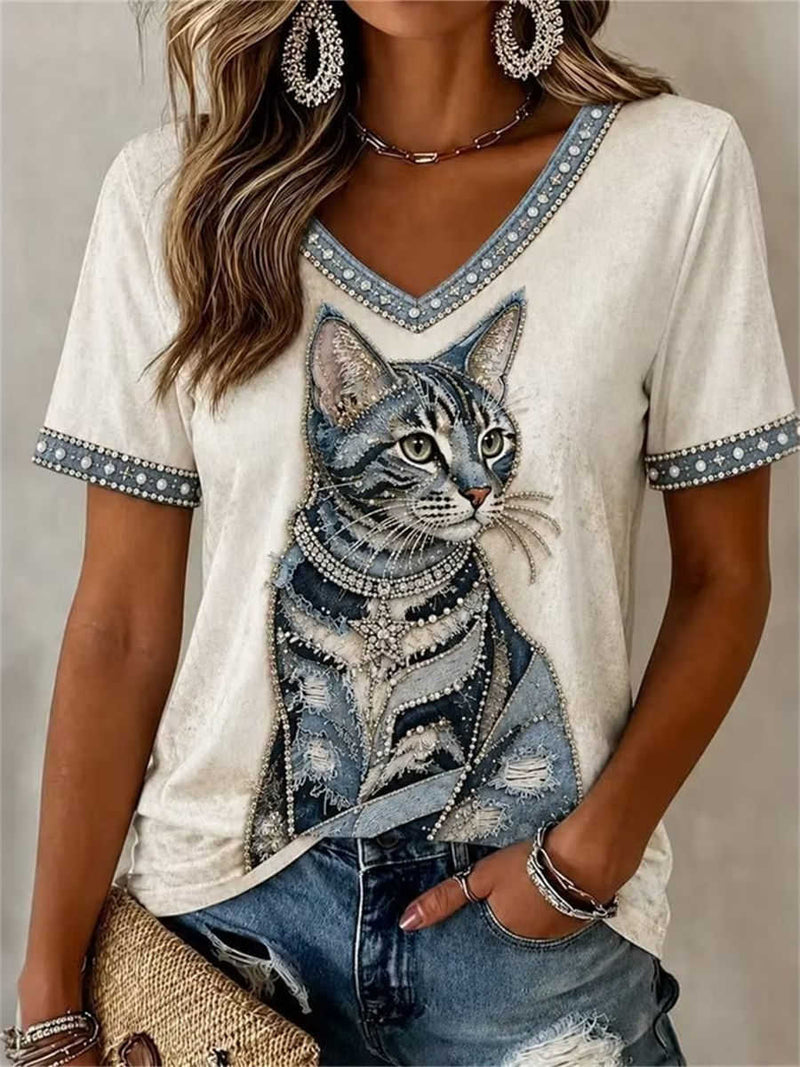 Women's Ivory Cat Rhinestone Print V Neck Short Sleeve Tee