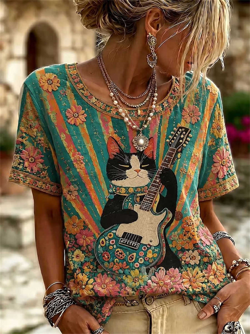Women's Teal Striped Floral Embroidered Cat Guitar Round Neck Short Sleeve Tee