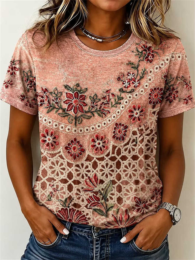Women's Dusty Pink Floral Embroidered Hollow Lace Print Round Neck Short Sleeve Tee