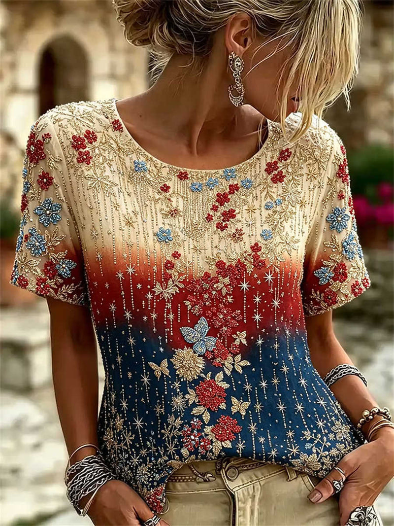 Women's Multi Gradient Floral Butterfly Embroidered Round Neck Short Sleeve Tee