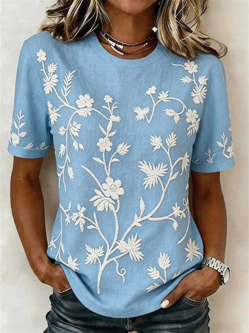 Women's Blue Floral Vine Embroidered Round Neck Short Sleeve Tee