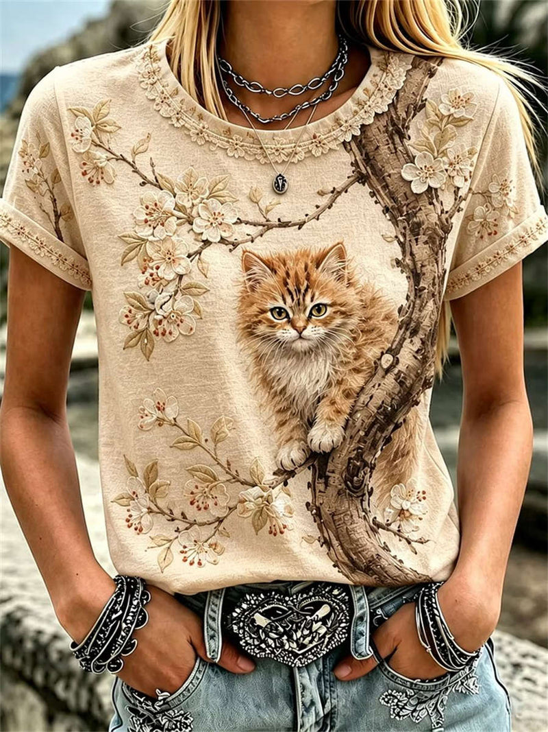 Women's Light Khaki Floral Branch Cat Print Round Neck Short Sleeve Tee