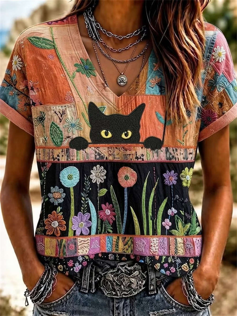 Women's Multi Patchwork Peeking Black Cat Floral Embroidered V Neck Short Sleeve Tee