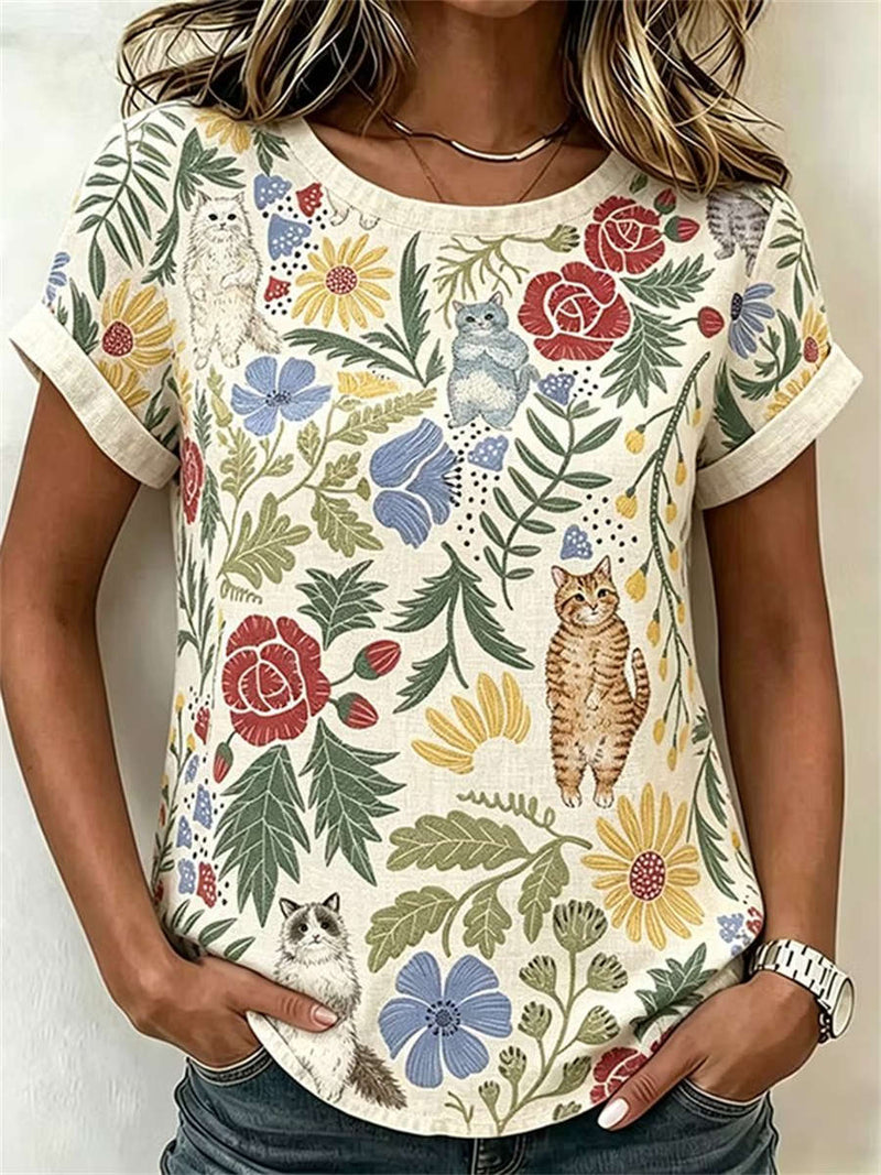 Women's Off White Floral Cat Print Round Neck Short Sleeve Tee