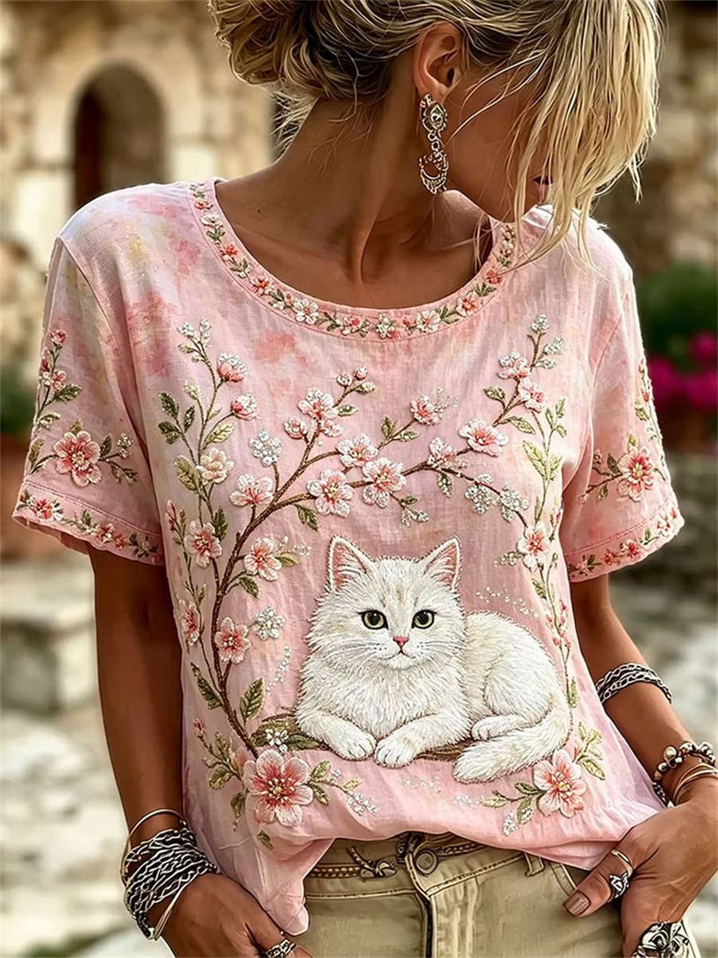 Women's Pink Floral Branch White Cat Embroidered Round Neck Short Sleeve Tee