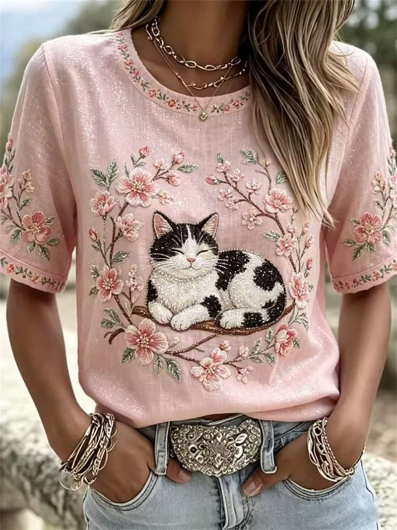Women's Pink Floral Branch Black White Cat Embroidered Round Neck Short Sleeve Tee