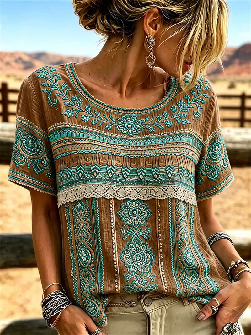 Women's Brown Ethnic Embroidery Lace Round Neck Short Sleeve Tee