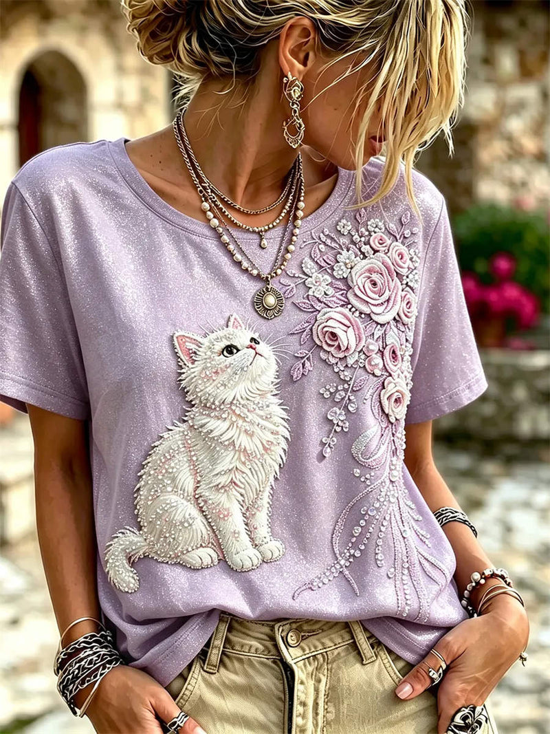 Women's Light Purple Cat Floral Embroidery Round Neck Short Sleeve Tee