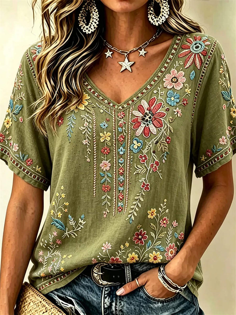 Women's Olive Floral Embroidery V Neck Short Sleeve Tee