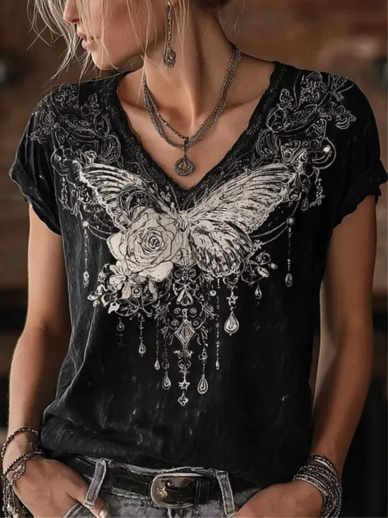 Women's Black Butterfly Rose Print V Neck Short Sleeve Tee