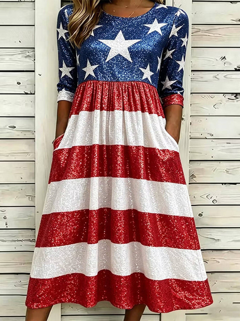 America 250th Anniversary Star Stripe Print Round Neck 3/4 Sleeve Midi Dress