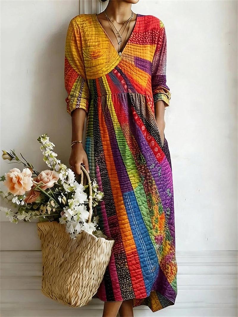 Rainbow Patchwork Stripe Print V Neck 3/4 Sleeve Linen Maxi Dress