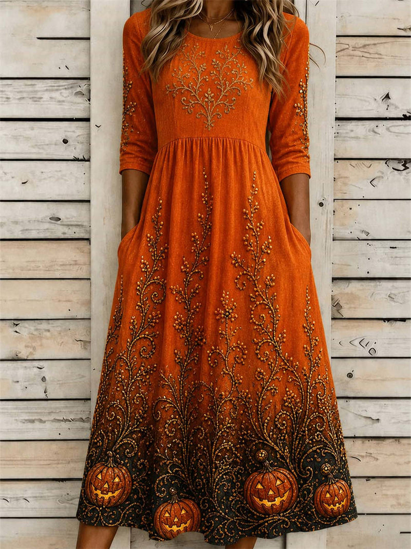 Women's Halloween Orange Gradient Pumpkin Vine Print Round Neck 3/4 Sleeve Midi A-Line Dress
