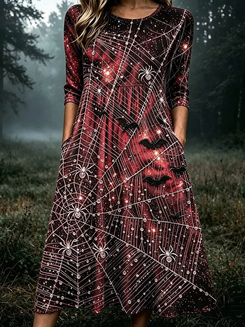 Women's Halloween Multi Spider Web Bat Print Round Neck 3/4 Sleeves Maxi Dress