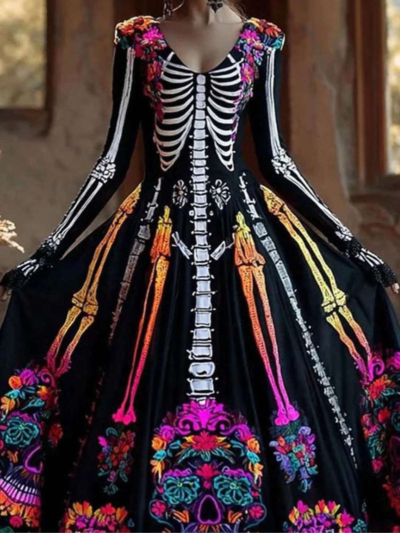 Women's Halloween Black Skeleton Floral Print V Neck Long Sleeve Maxi Dress