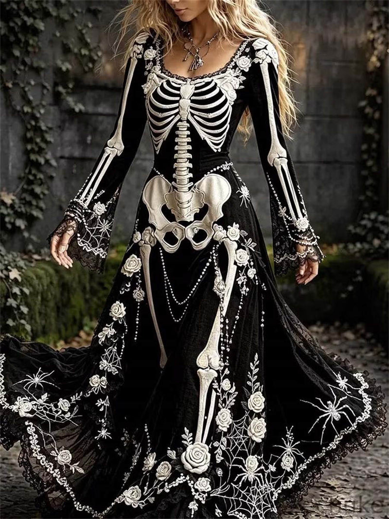 Women's Halloween Black Skeleton Floral Square Neck Long Sleeves Maxi Dress